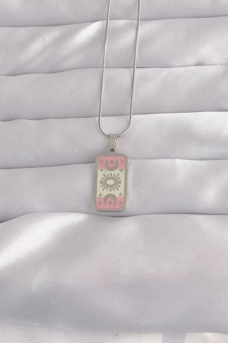 316L Çelik Gümüş Renk Pembe Mineli Ay Figür Tarot Kolye - Lisinya