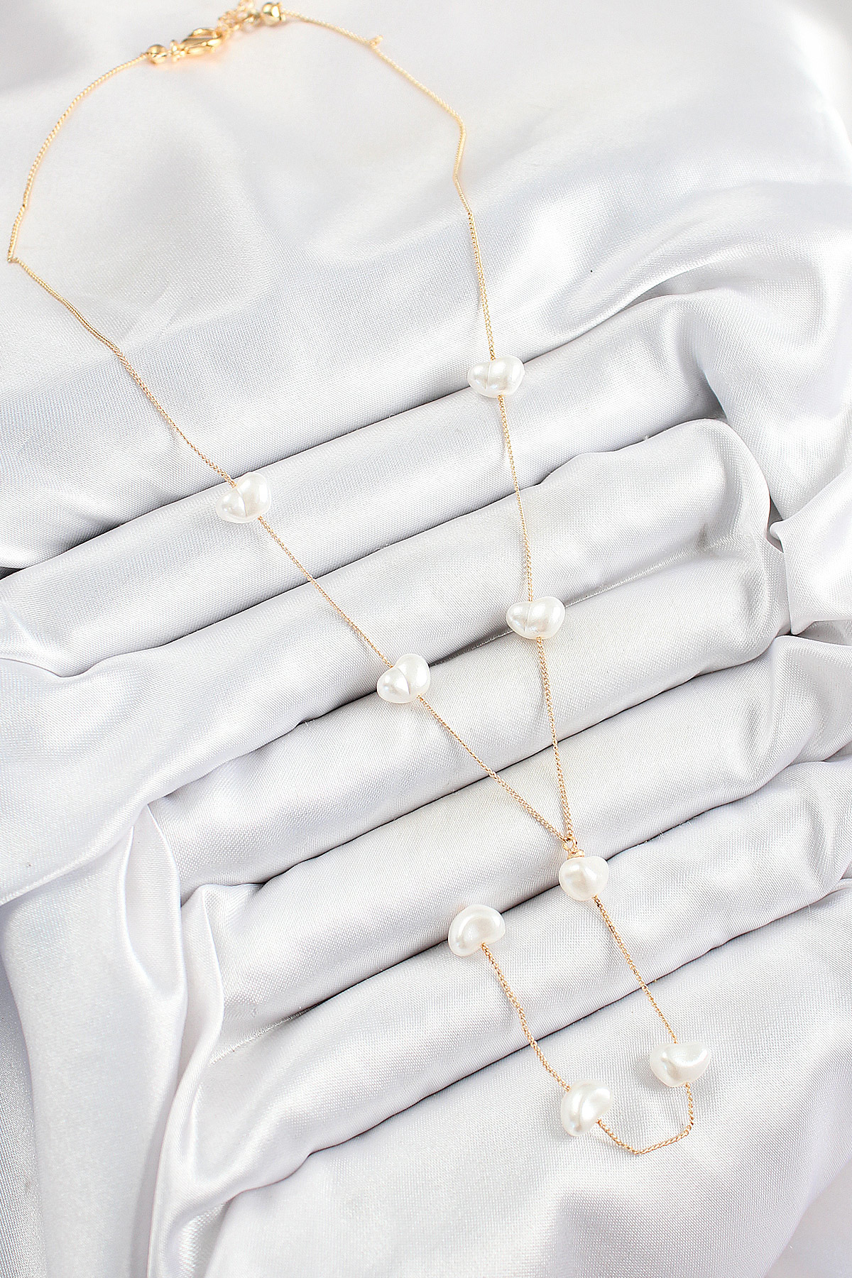 316L Çelik İncili Kalp Figürlü Y Model Gold Renk Kadın Kolye - TJ