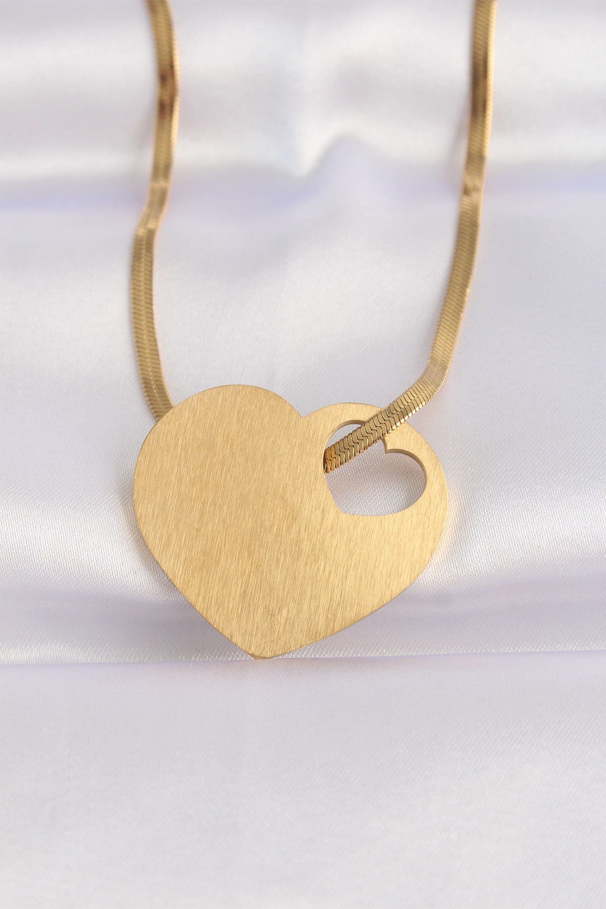 316L Çelik İtalyan Zincir Altın Renk Düz Plaka Kalp Kolye - TJ-BK