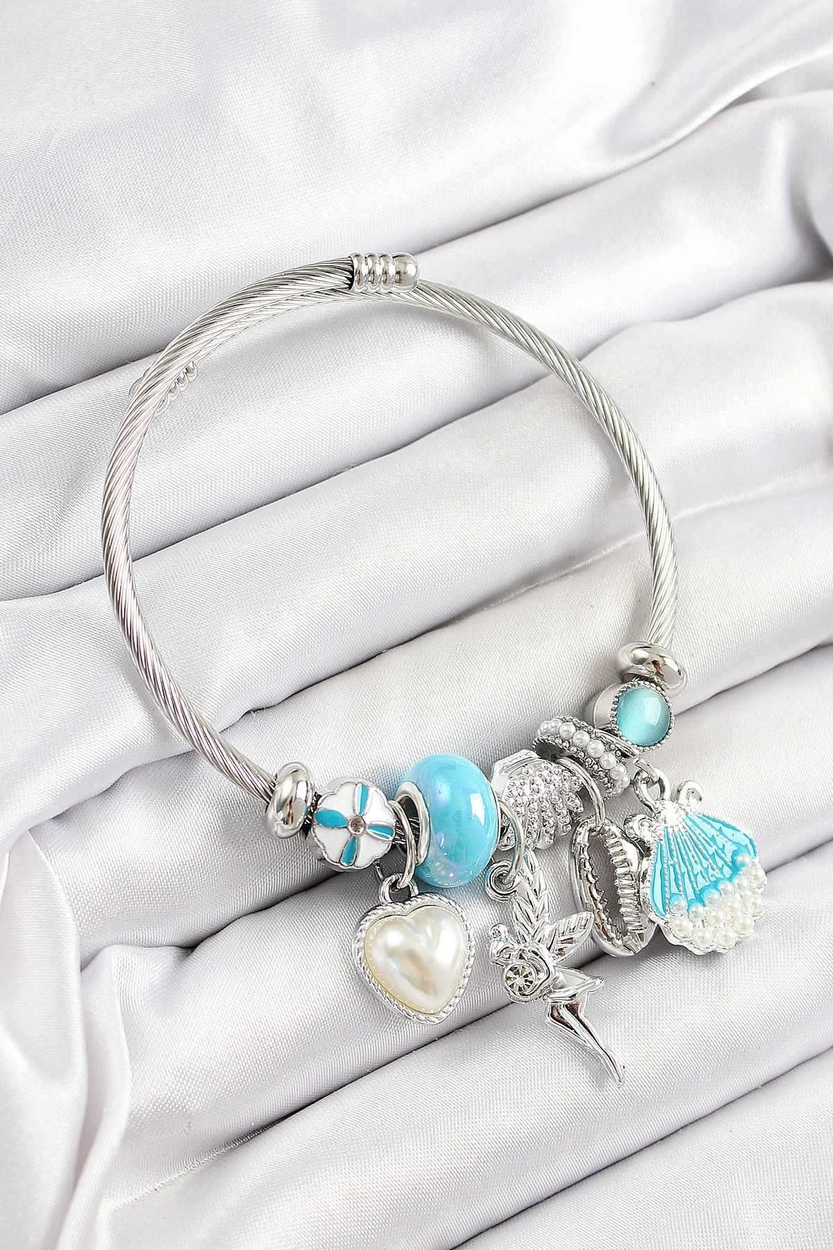 Butik 316L Çelik Mavi Zirkon Taşlı Yıldız Melek İstiridye Ve Kalp Model