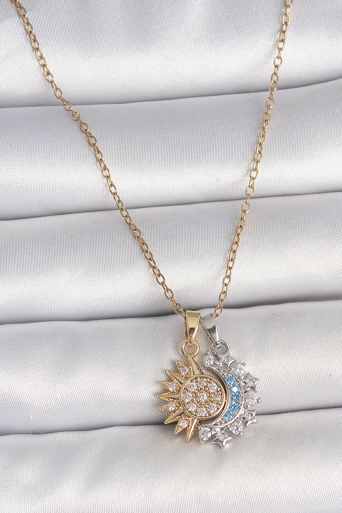 316L Çelik Mix Renk Zirkon Taşlı Ay Güneş Model Kadın Kolye - TJ-
