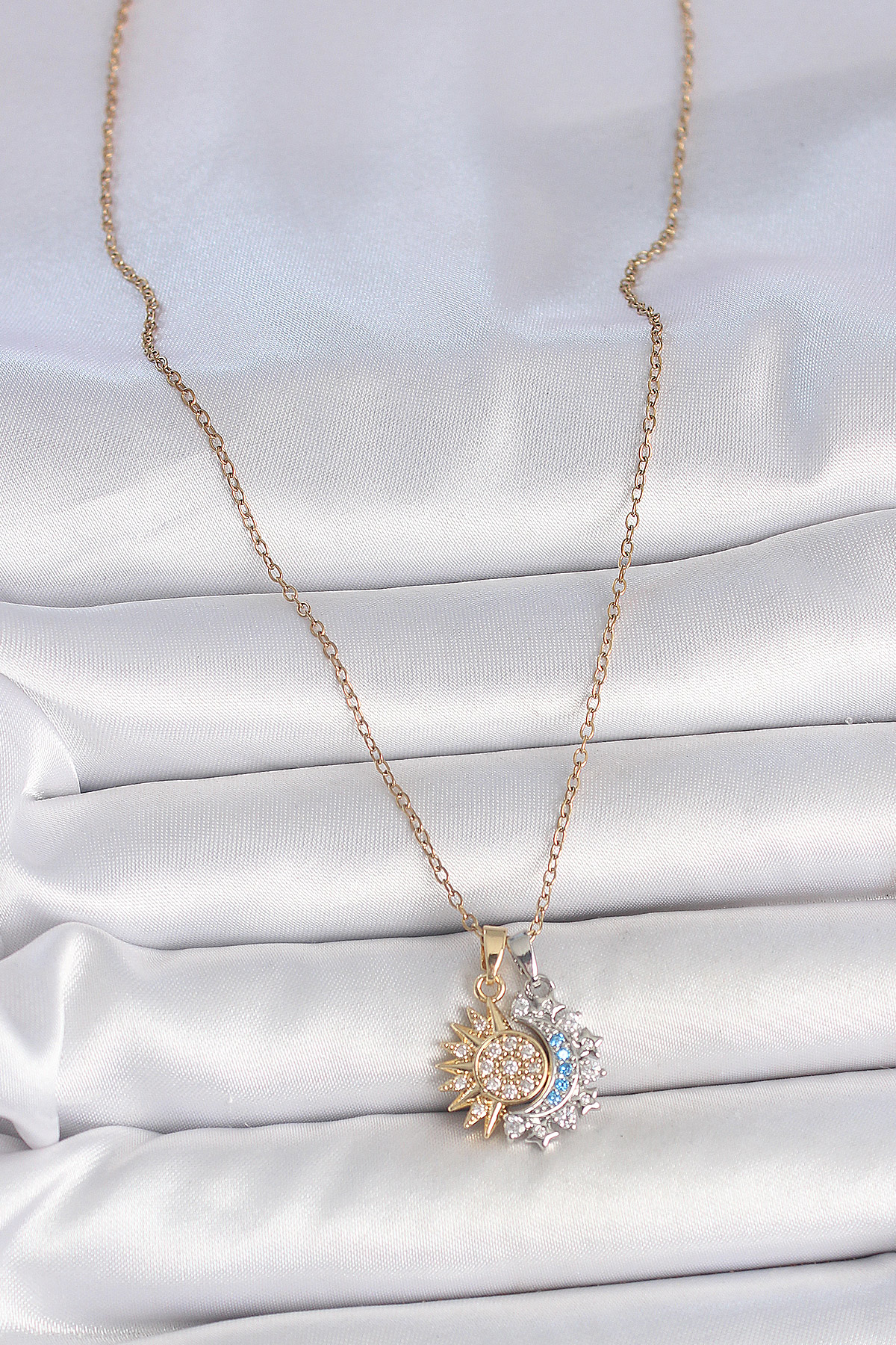 316L Çelik Mix Renk Zirkon Taşlı Ay Güneş Model Kadın Kolye - TJ-