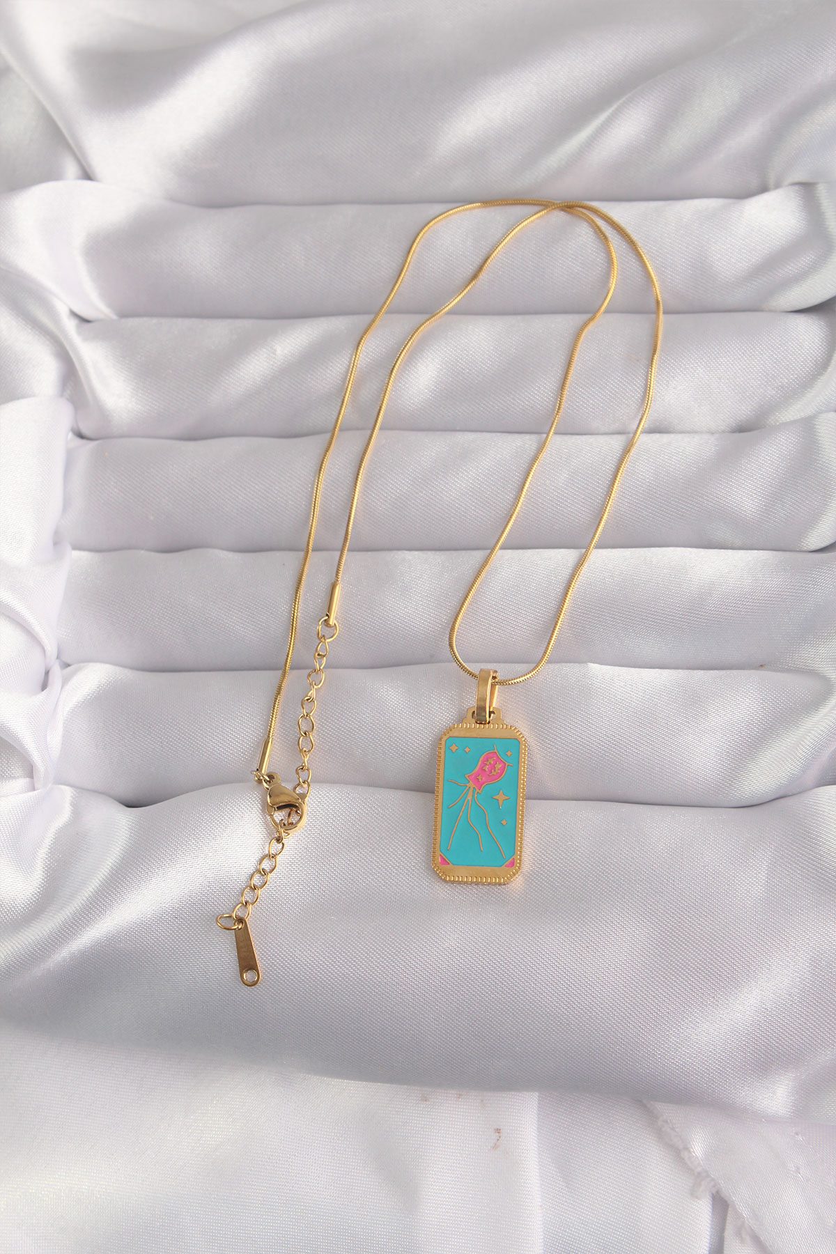 316L Çelik Özel Seri  Gold Renk Mavi Mineli Tarot Kolye