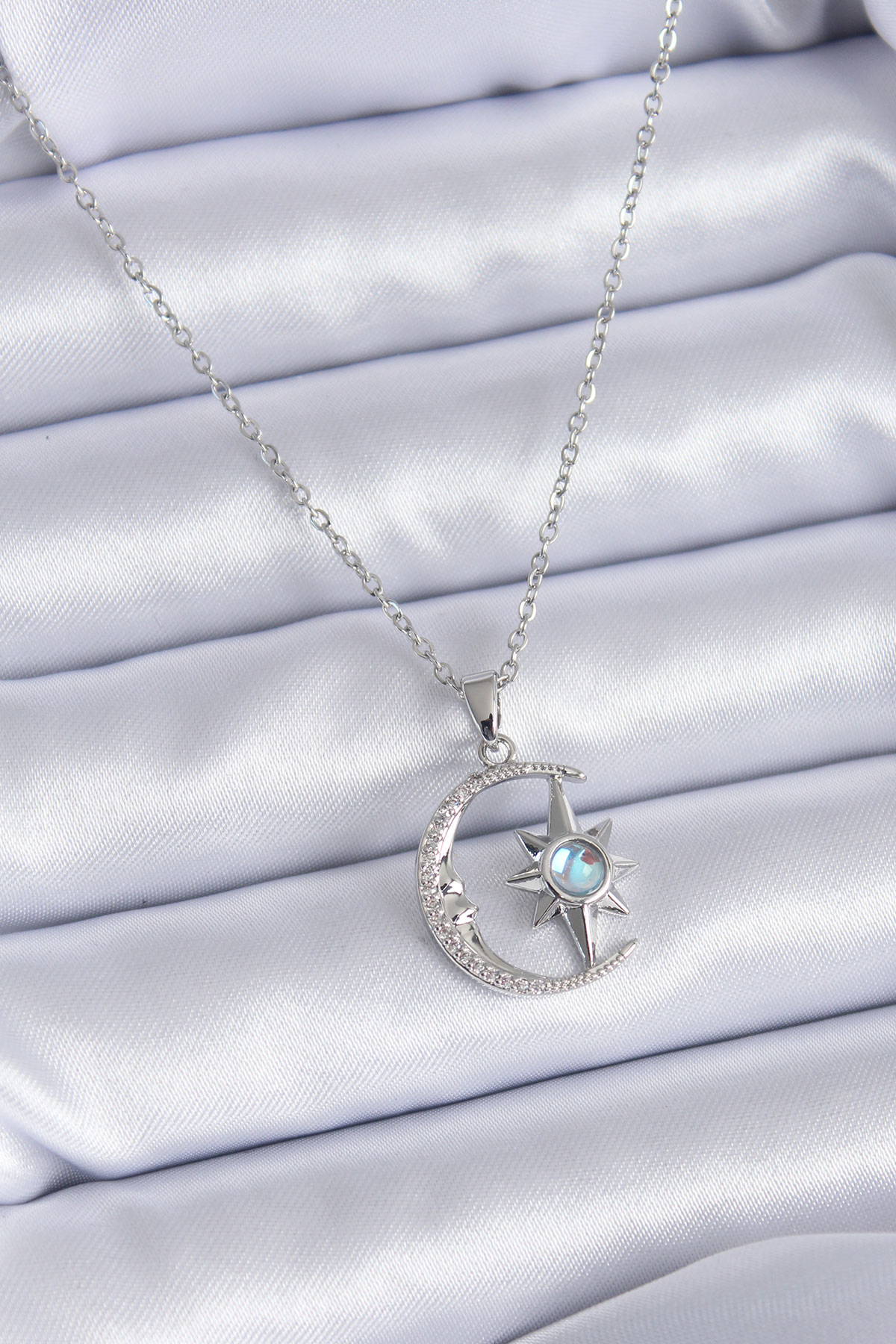 316L Çelik Özel Seri   Gümüş Renk  Zirkon Taşlı Ay  Model Kadın K