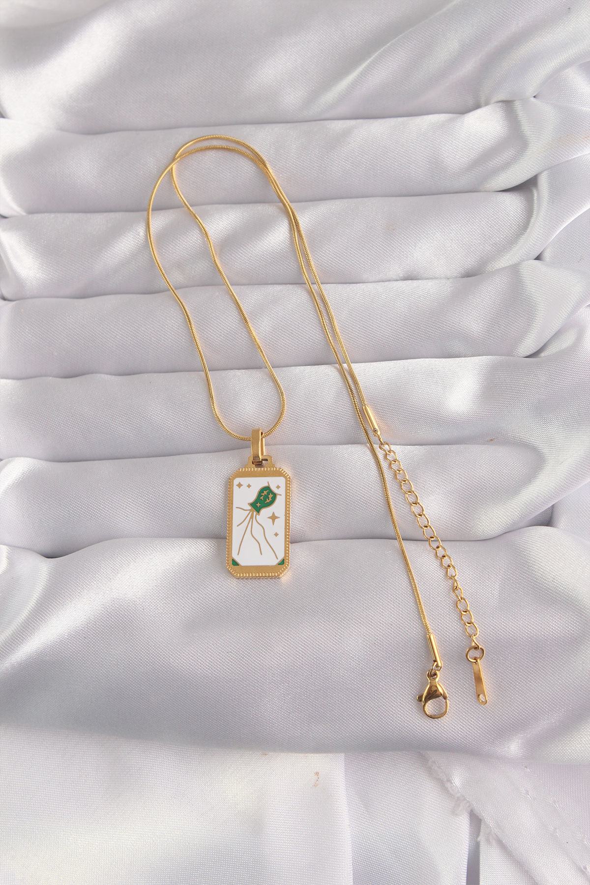 316L Çelik Özel Seri  Gold Renk Beyaz Mineli Tarot Kolye