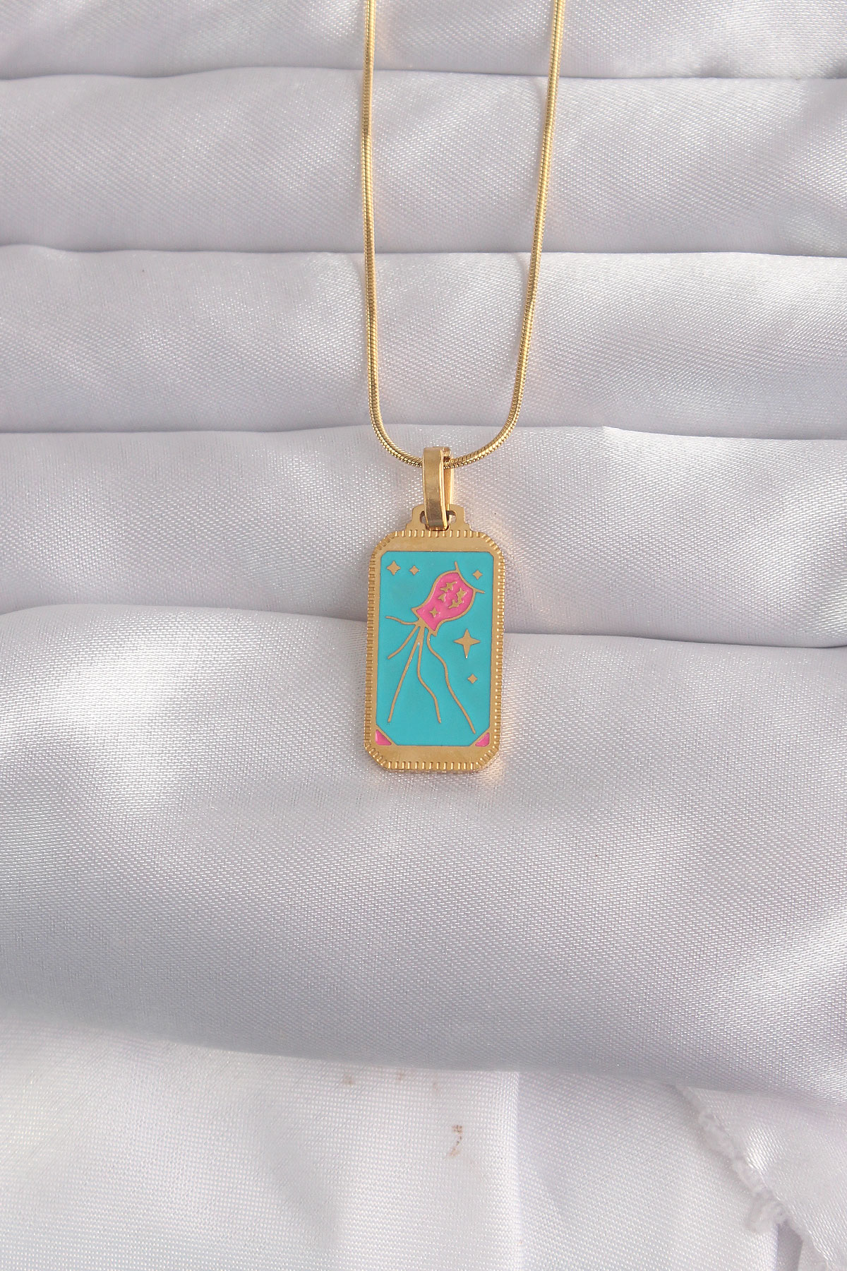 316L Çelik Özel Seri  Gold Renk Mavi Mineli Tarot Kolye