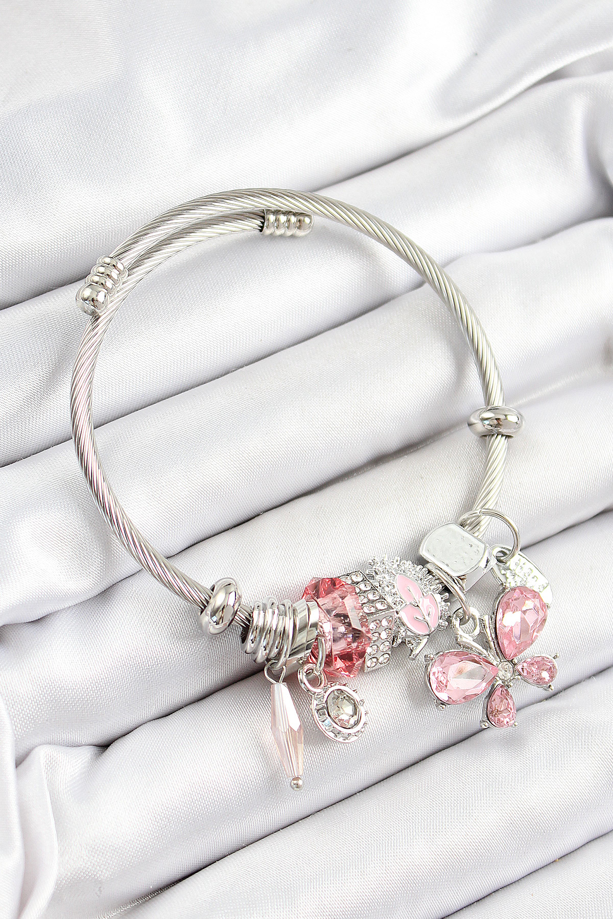 316L Çelik Pembe Zirkon Taşlı Kelebek Model Gümüş Renk Charm Bile
