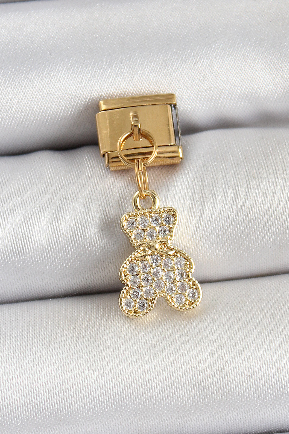 316L Çelik Sallantılı Zirkon Taşlı Ayıcık Model Gold Renk Nominat