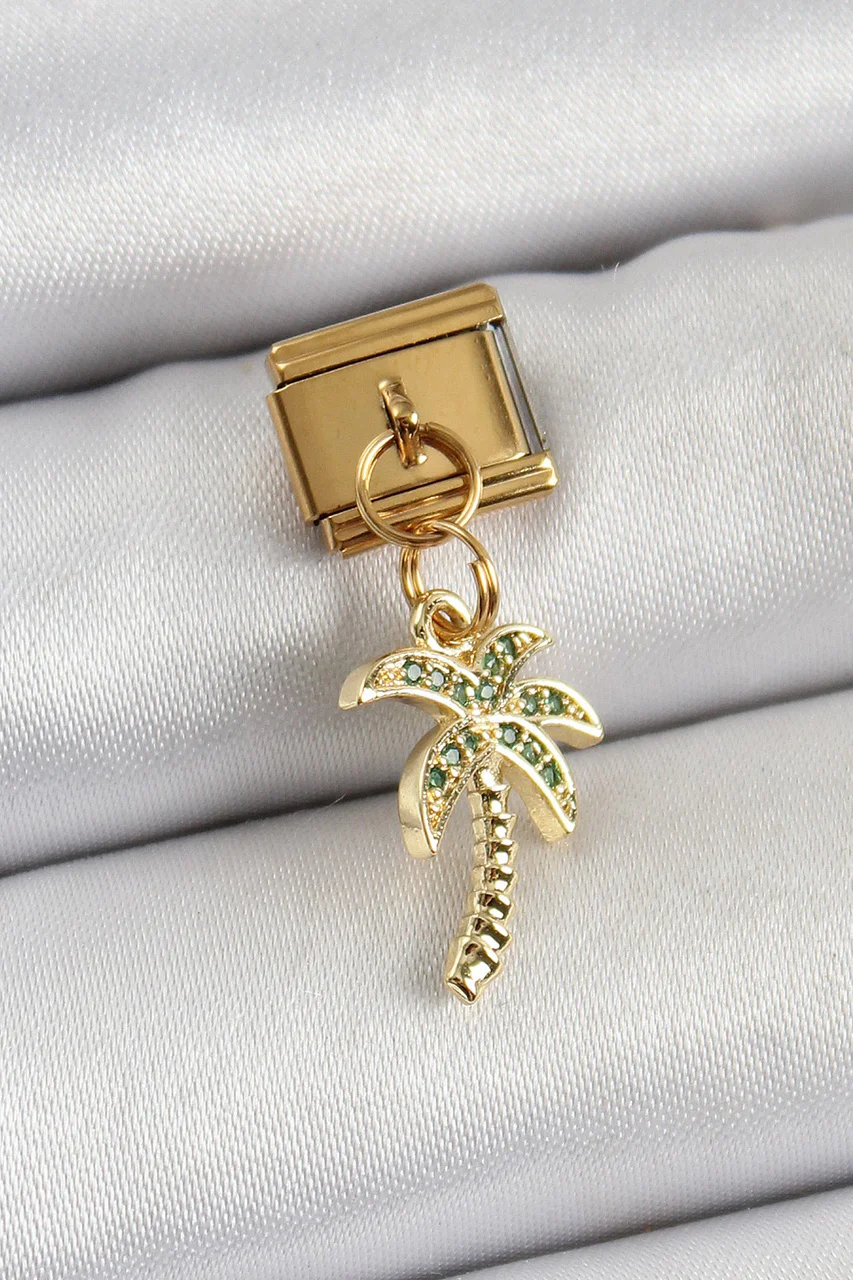 316l Çelik Sallantılı Zirkon Taşlı Palmiye Ağacı Model Gold Renk Nomination Charm - Lisinya Diğer