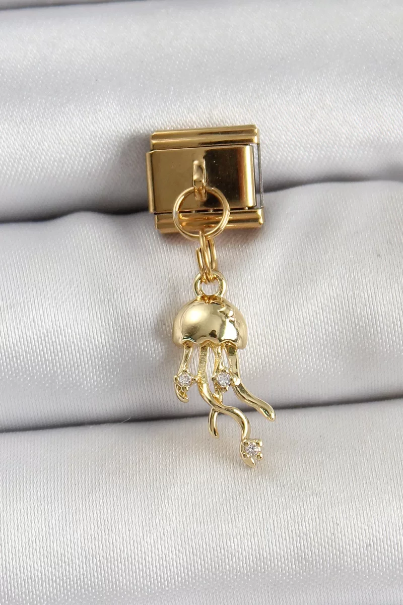 316L Çelik Sallantılı Zirkon Taşlı Deniz Anası Model Gold Renk Nomination Charm - Lisinya