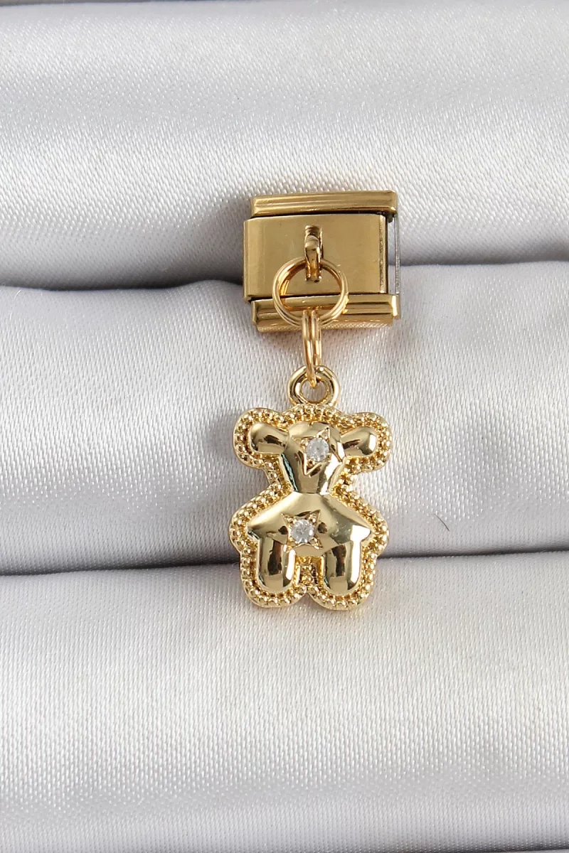 316L Çelik Sallantılı Zirkon Taşlı Ayıcık Model Gold Renk Nominat
