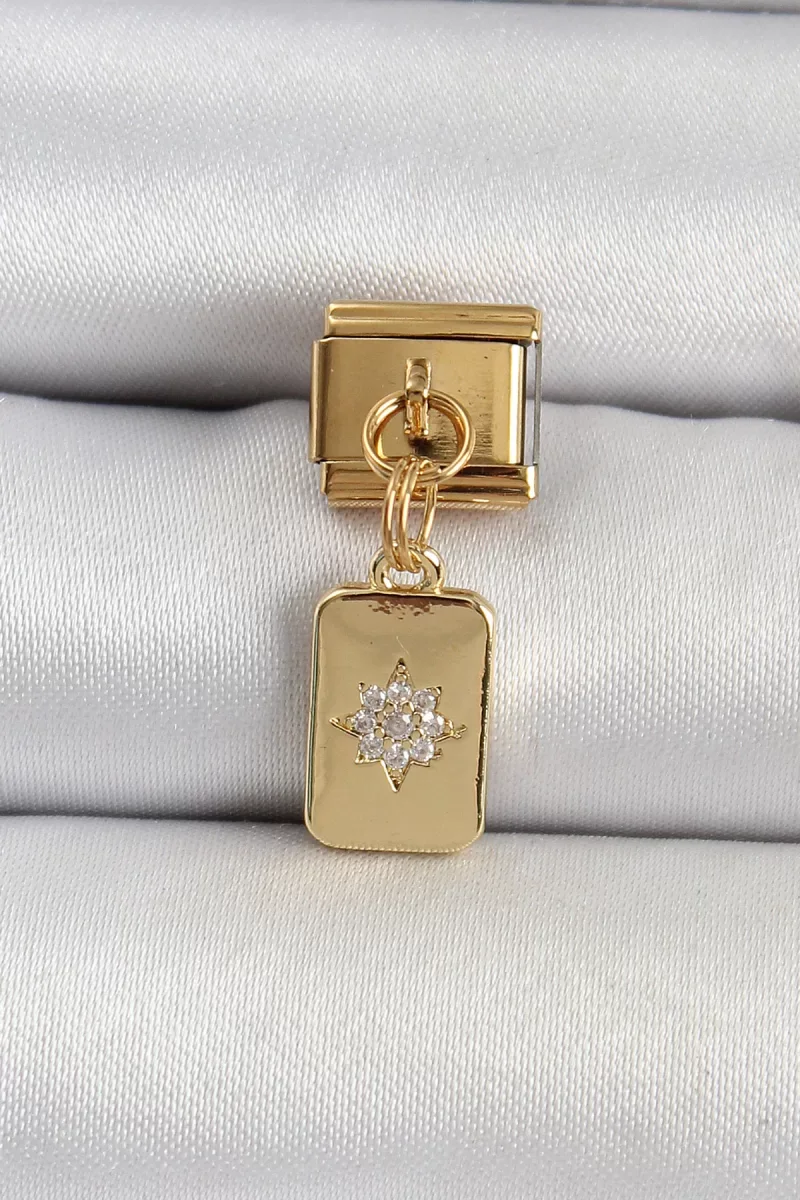 316L Çelik Sallantılı Zirkon Taşlı Kutup Yıldızı Figürlü Dikdörtgen Model Gold Renk Nomination Charm - Lisinya