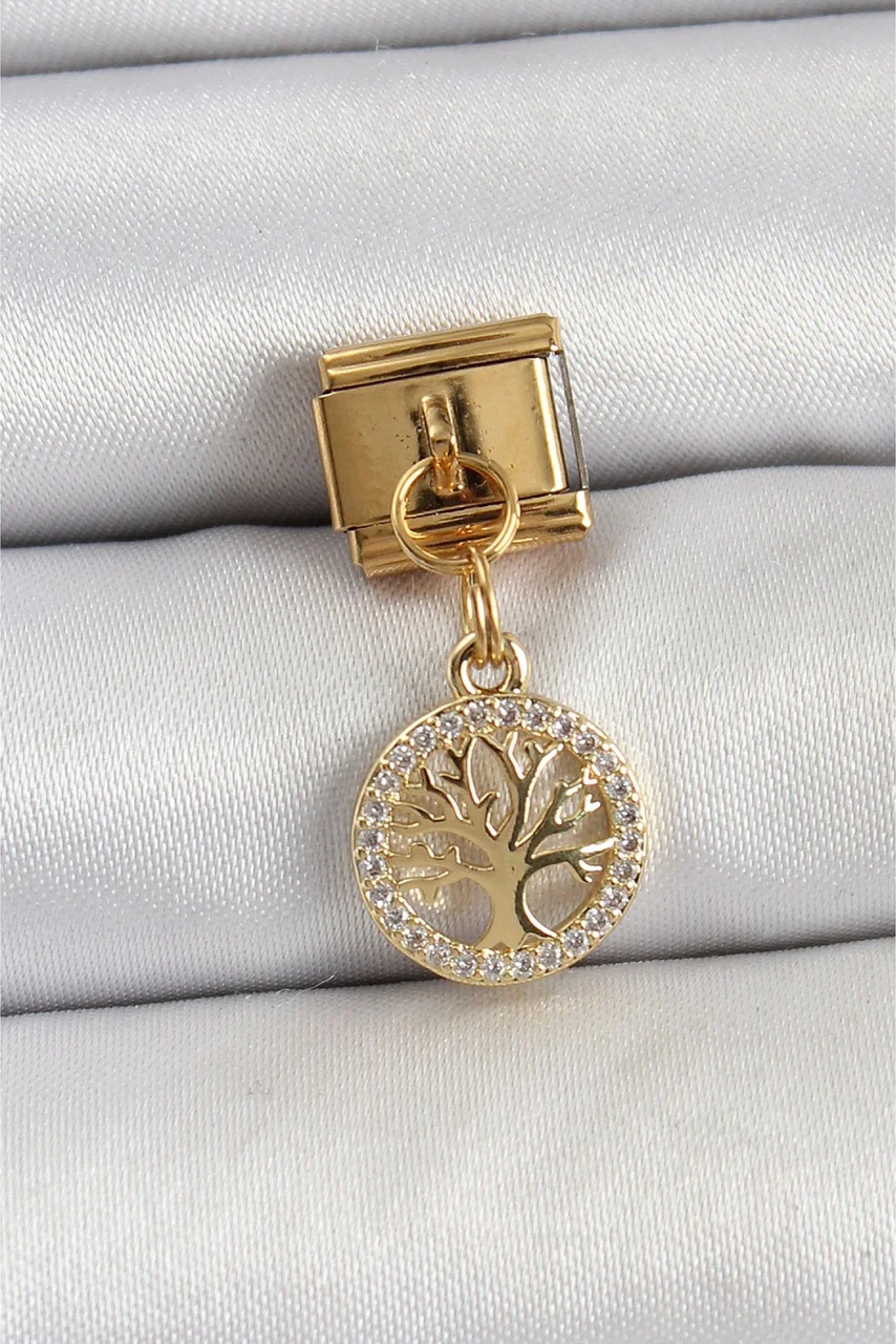 316l Çelik Sallantılı Zirkon Taşlı Hayat Ağacı Model Gold Renk Nomination Charm Diğer