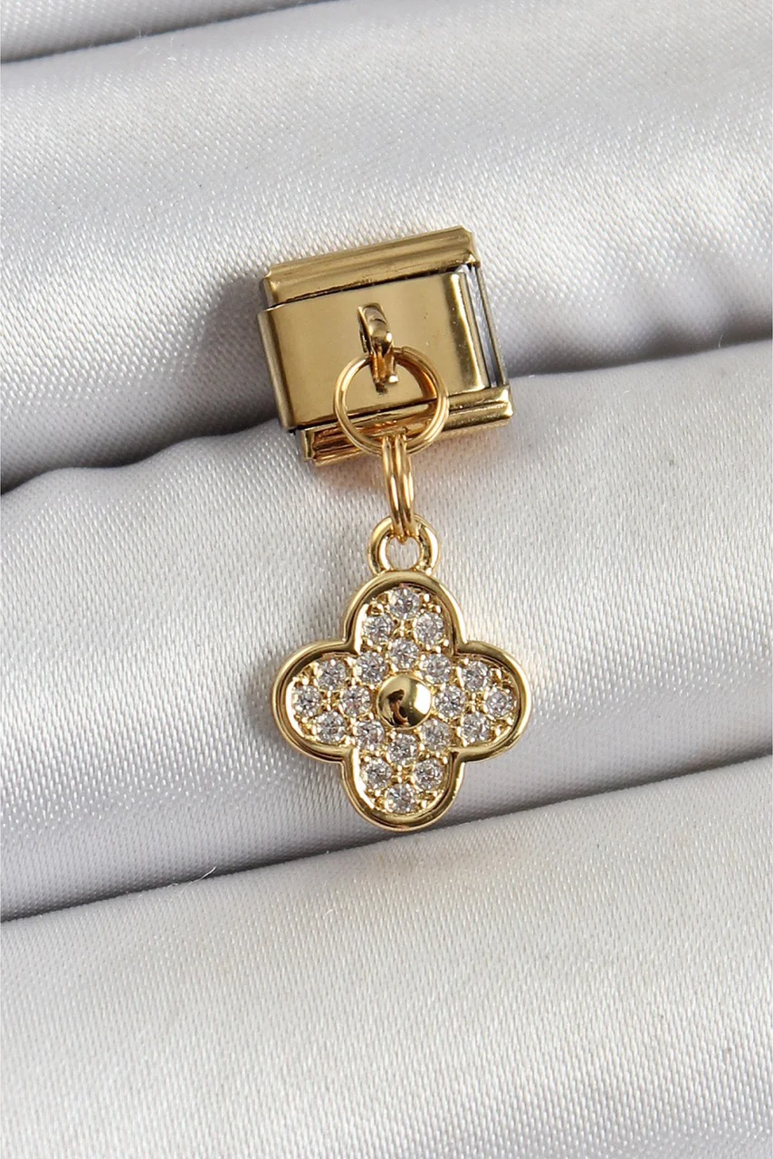 316l Çelik Sallantılı Zirkon Taşlı Yonca Model Gold Renk Nomination Charm Diğer