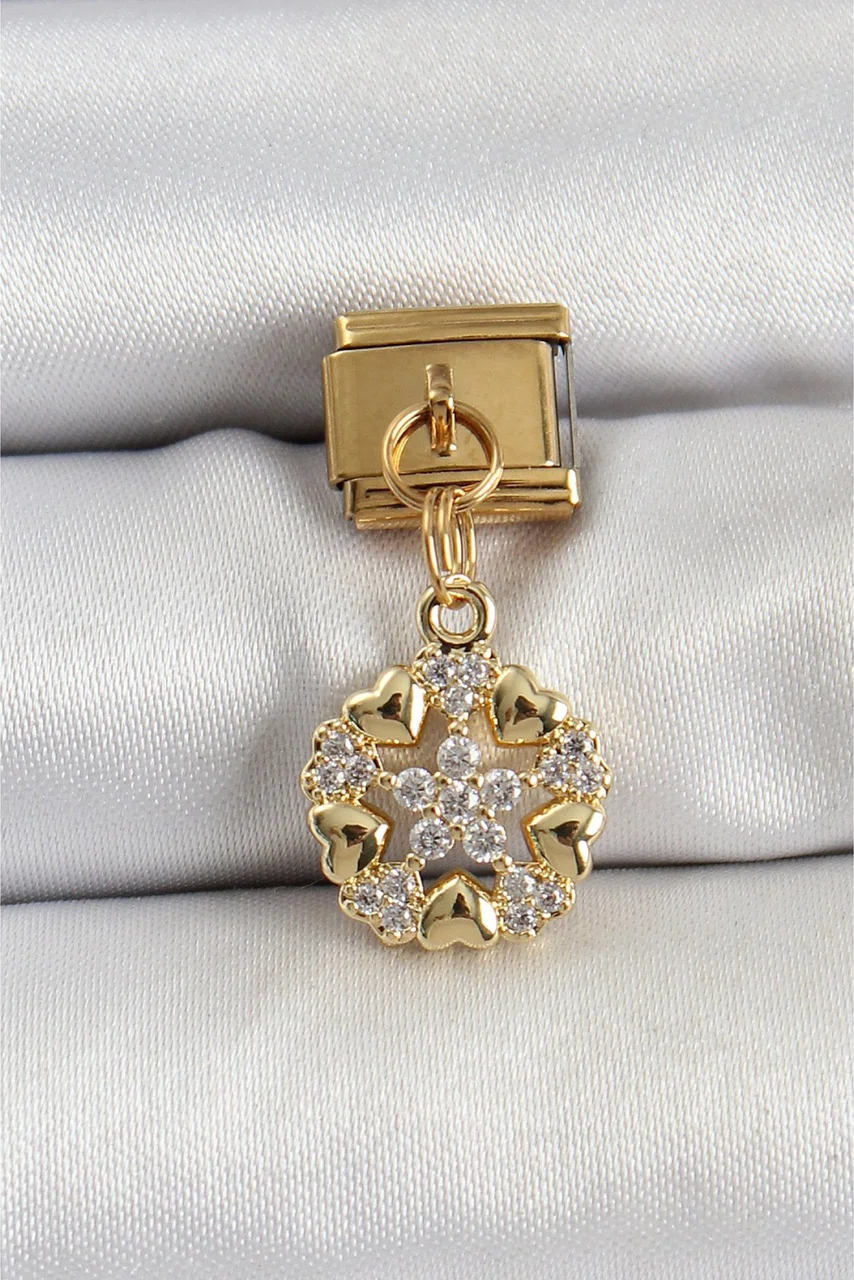 316l Çelik Sallantılı Zirkon Taşlı Kalp Detaylı Yıldz Model Gold Renk Nomination Charm Diğer
