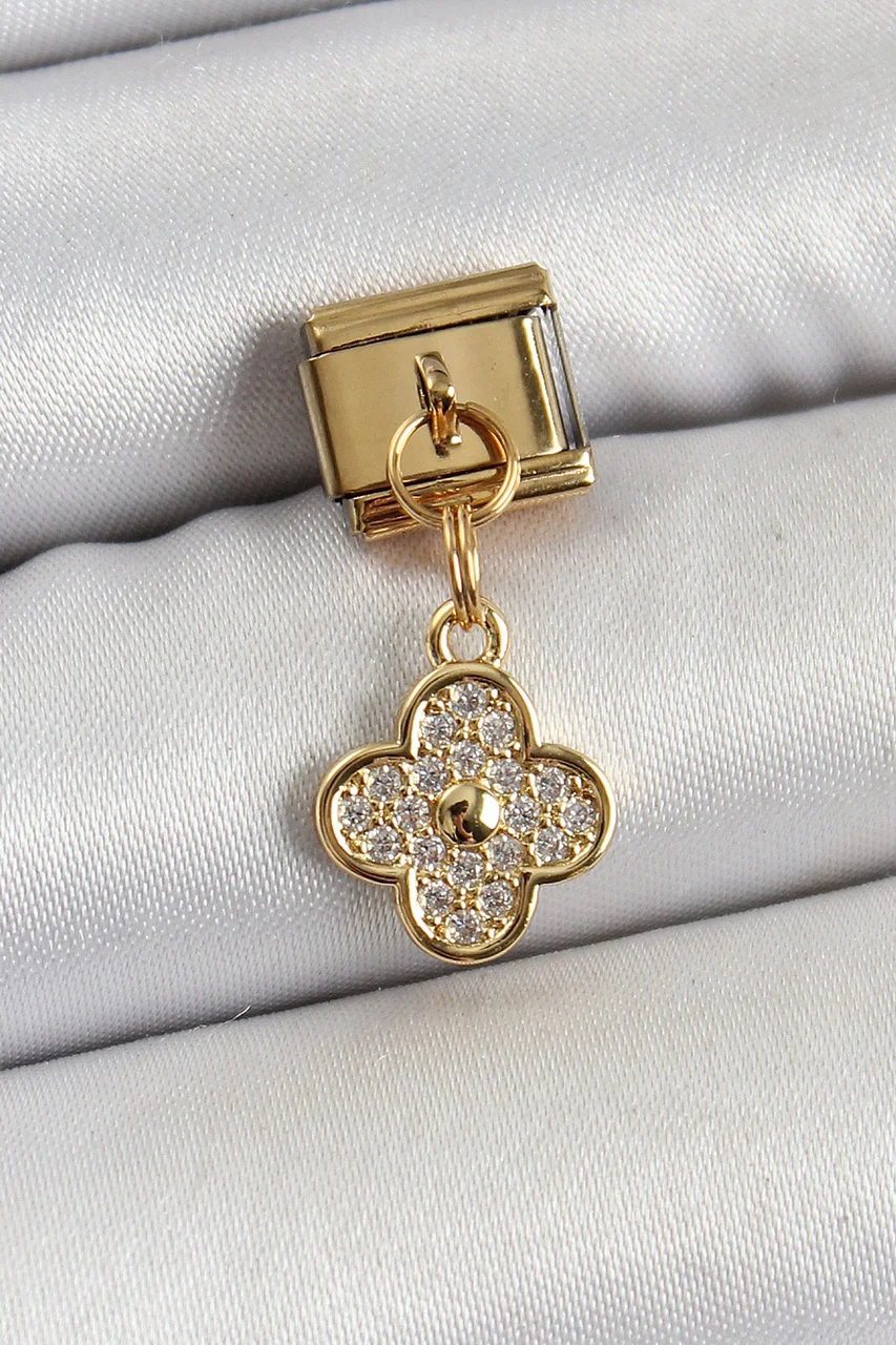 316l Çelik Sallantılı Zirkon Taşlı Yonca Model Gold Renk Nomination Charm - Lisinya Diğer
