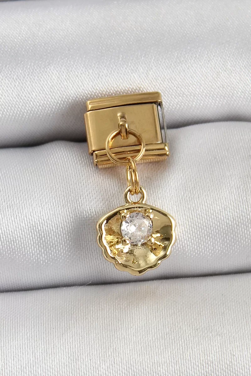 316L Çelik Sallantılı Zirkon Taşlı İstiridye Model Gold Renk Nomi