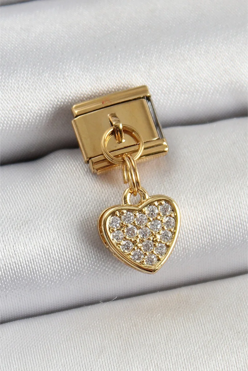 316l Çelik Sallantılı Zirkon Taşlı Kalp Model Gold Renk Nomination Charm Diğer