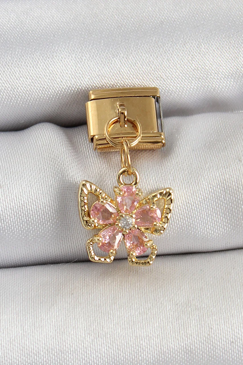 316l Çelik Sallantılı Zirkon Taşlı Çiçek Figürlü Kelebek Model Gold Renk Nomination Charm - Lisinya Diğer