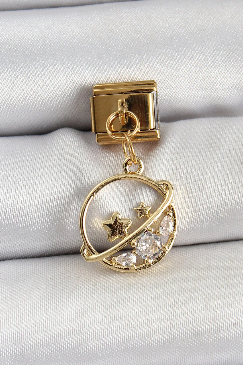 316l Çelik Sallantılı Zirkon Taşlı Satürn Model Gold Renk Nomination Charm - Lisinya Diğer