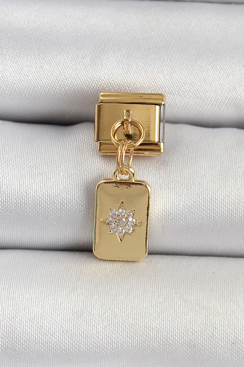 316l Çelik Sallantılı Zirkon Taşlı Kutup Yıldızı Figürlü Dikdörtgen Model Gold Renk Nomination Charm Tj-bc1406 Diğer