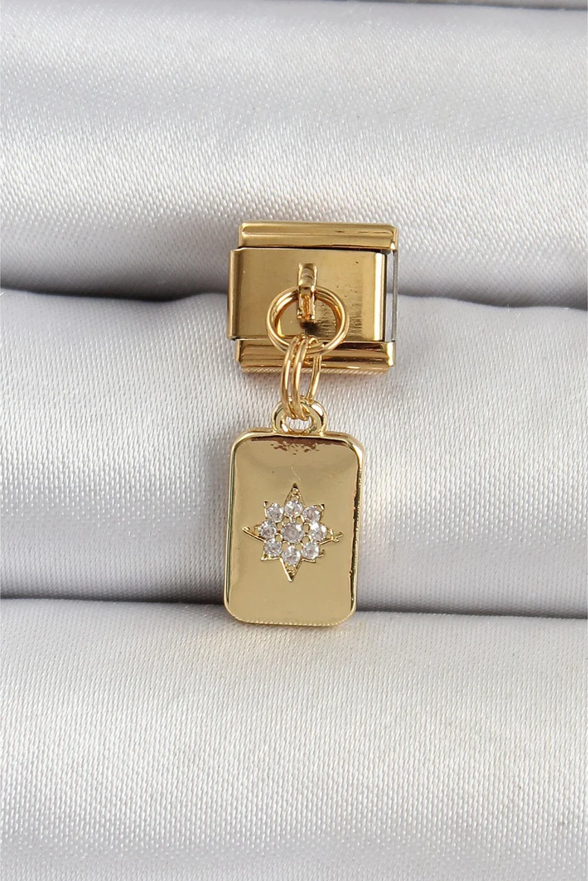 316l Çelik Sallantılı Zirkon Taşlı Kutup Yıldızı Figürlü Dikdörtgen Model Gold Renk Nomination Charm Diğer