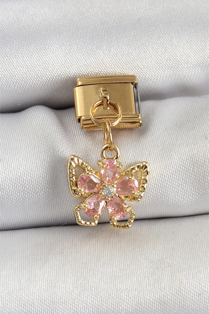 316l Çelik Sallantılı Zirkon Taşlı Çiçek Figürlü Kelebek Model Gold Renk Nomination Charm Diğer