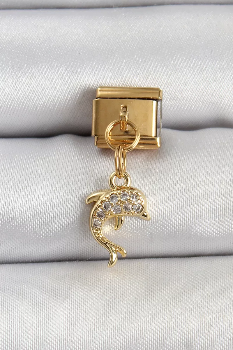 316L Çelik Sallantılı Zirkon Taşlı Yunus Balığı Model Gold Renk Nomination Charm - Lisinya