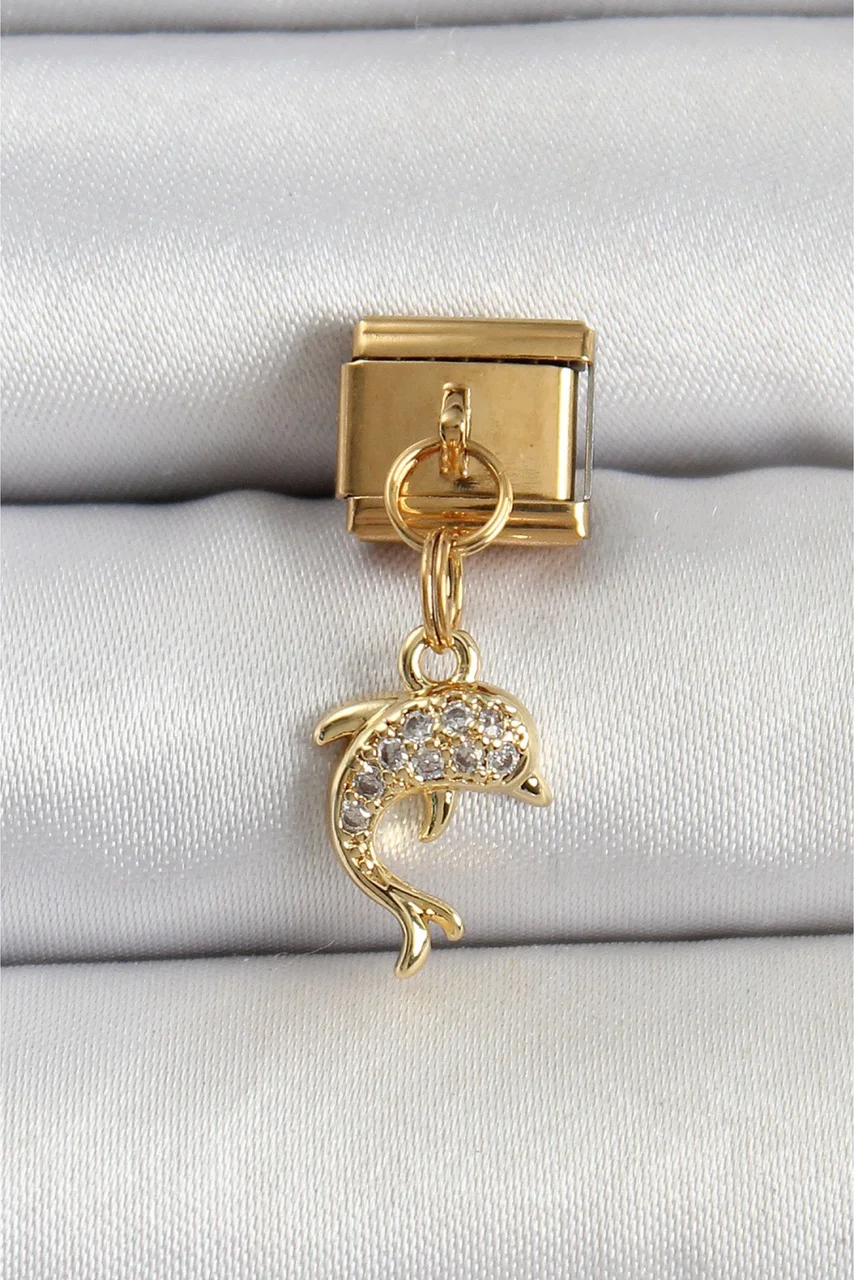 316l Çelik Sallantılı Zirkon Taşlı Yunus Balığı Model Gold Renk Nomination Charm Diğer