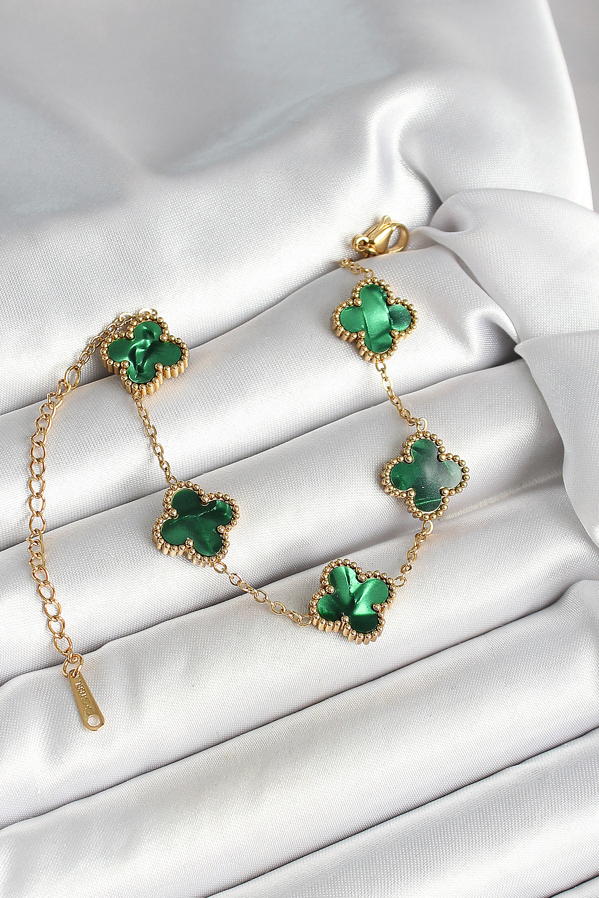 316L Çelik Sedefli Zümrüt Yeşil Gold Renk Yonca Kadın Bileklik -