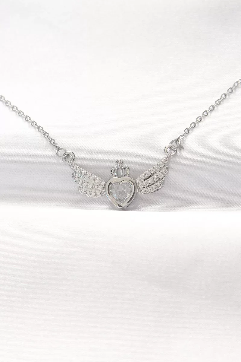 316L Çelik Silver Renk Zirkon Taşlı Kalpli Kanat Kolye - Lisinya