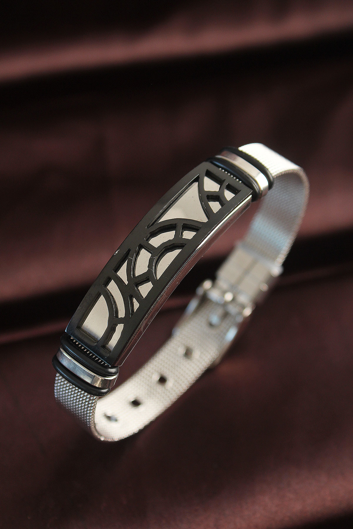 316L Çelik Siyah Desenli Ayarlanabilir Hasır Kordonlu Bileklik - 