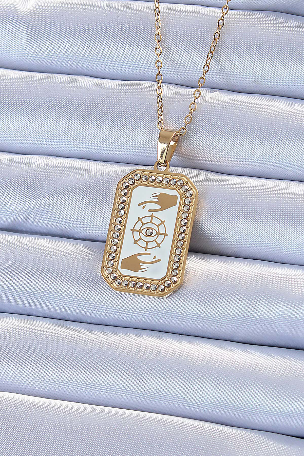 316L Çelik Zincir Altın Renk Mineli Zirkon Taşlı Göz Figür Tarot