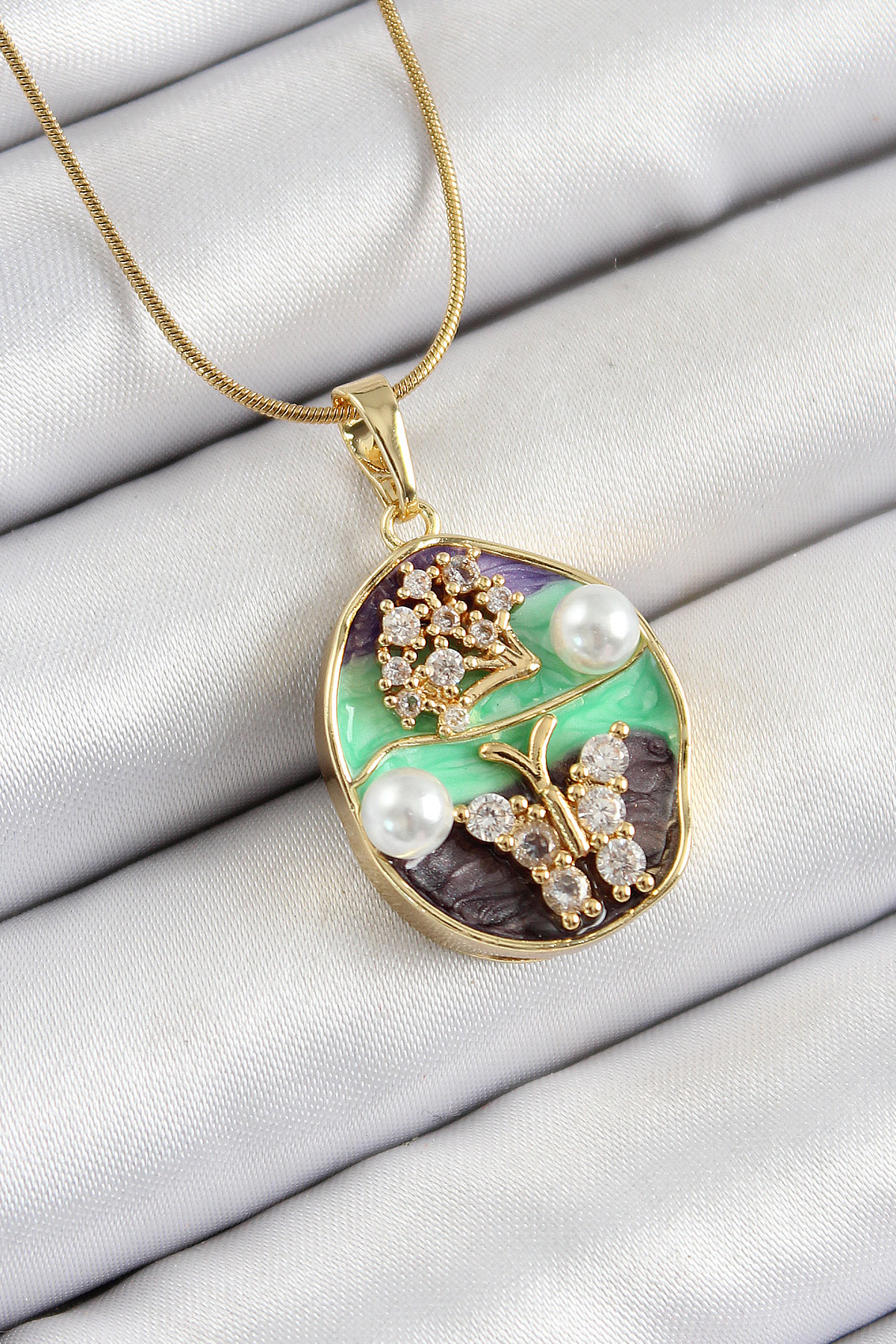 Stillove 316L Çelik Zincir Zirkon Taşlı Yeşil Mor Sanatsal Portre İnci Det