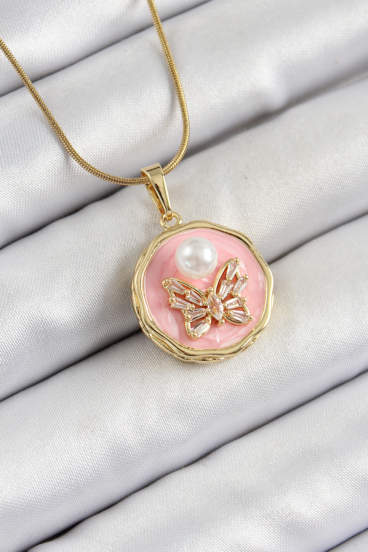 316L Çelik Zincir Zirkon Taşlı Pembe Sanatsal Portre İnci Detaylı