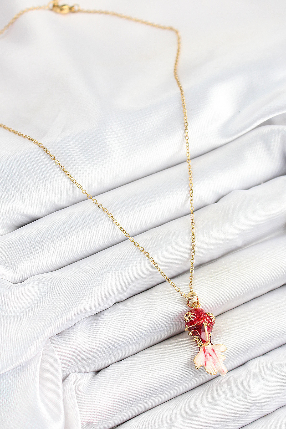 316L Çelik Zincir Kırmızı Balık Model Gold Renk Kadın Kolye - TJ-