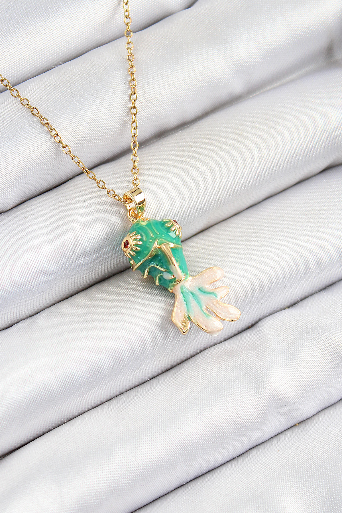 316L Çelik Zincir Yeşil Balık Model Gold Renk Kadın Kolye - TJ-BK