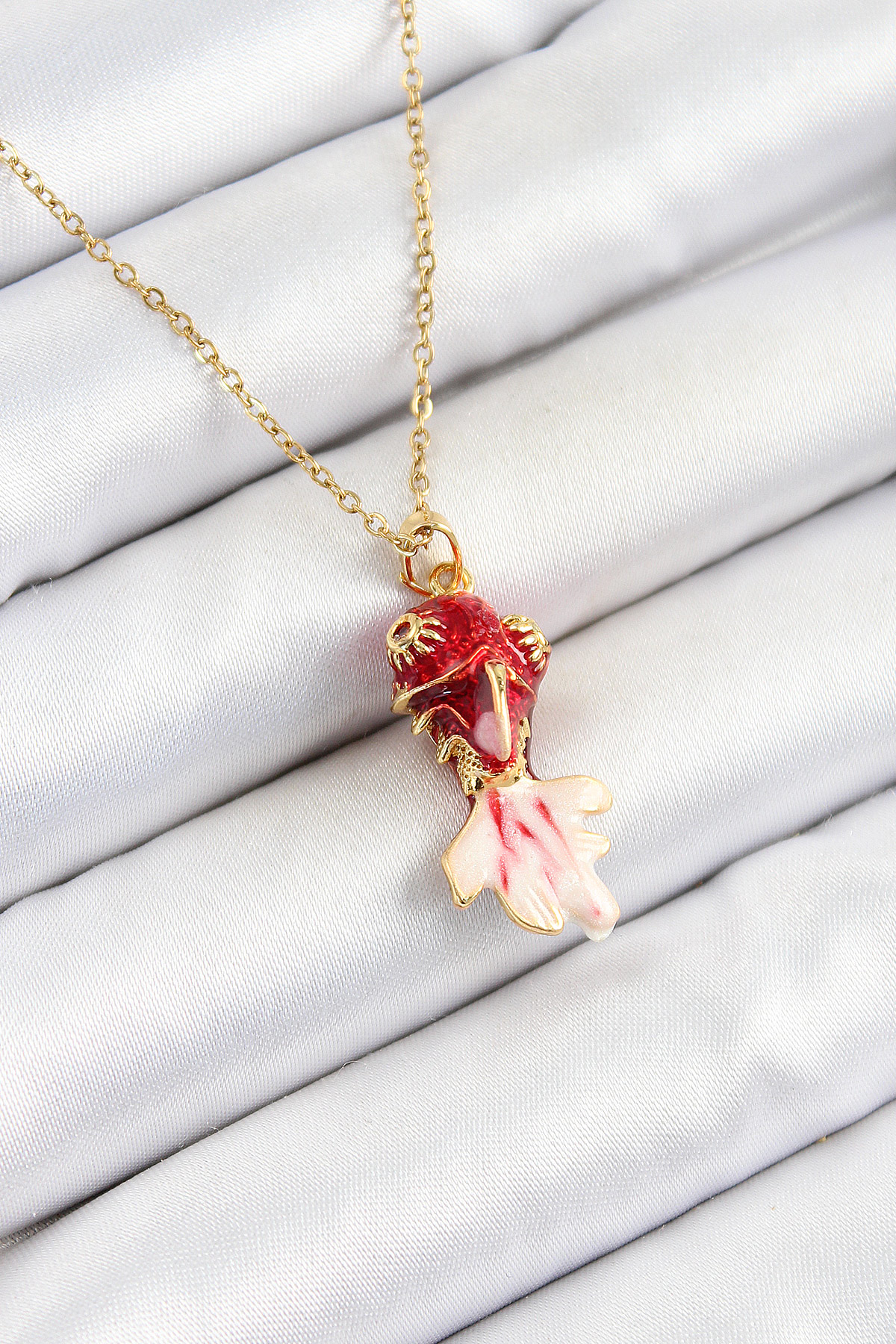 316L Çelik Zincir Kırmızı Balık Model Gold Renk Kadın Kolye - TJ-