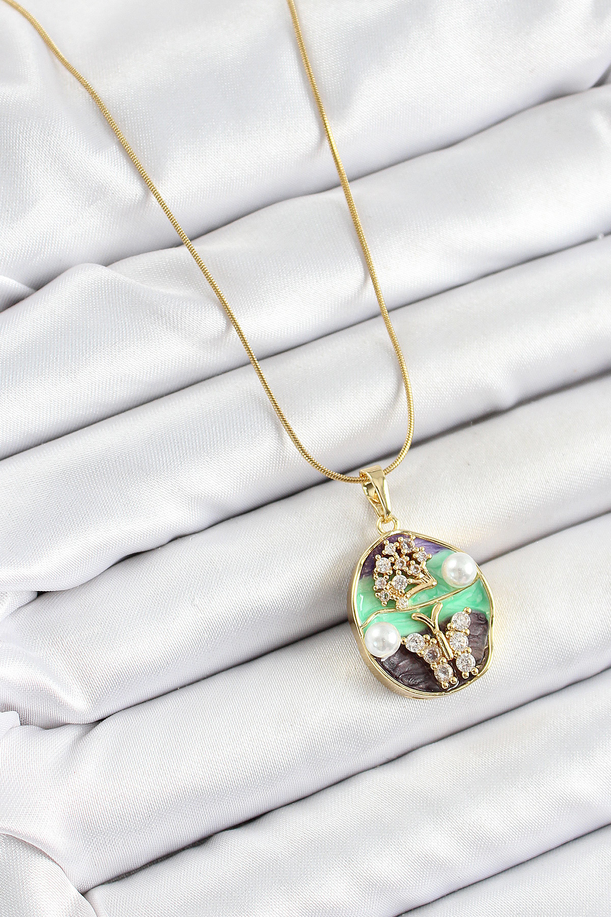 Stillove 316L Çelik Zincir Zirkon Taşlı Yeşil Mor Sanatsal Portre İnci Det