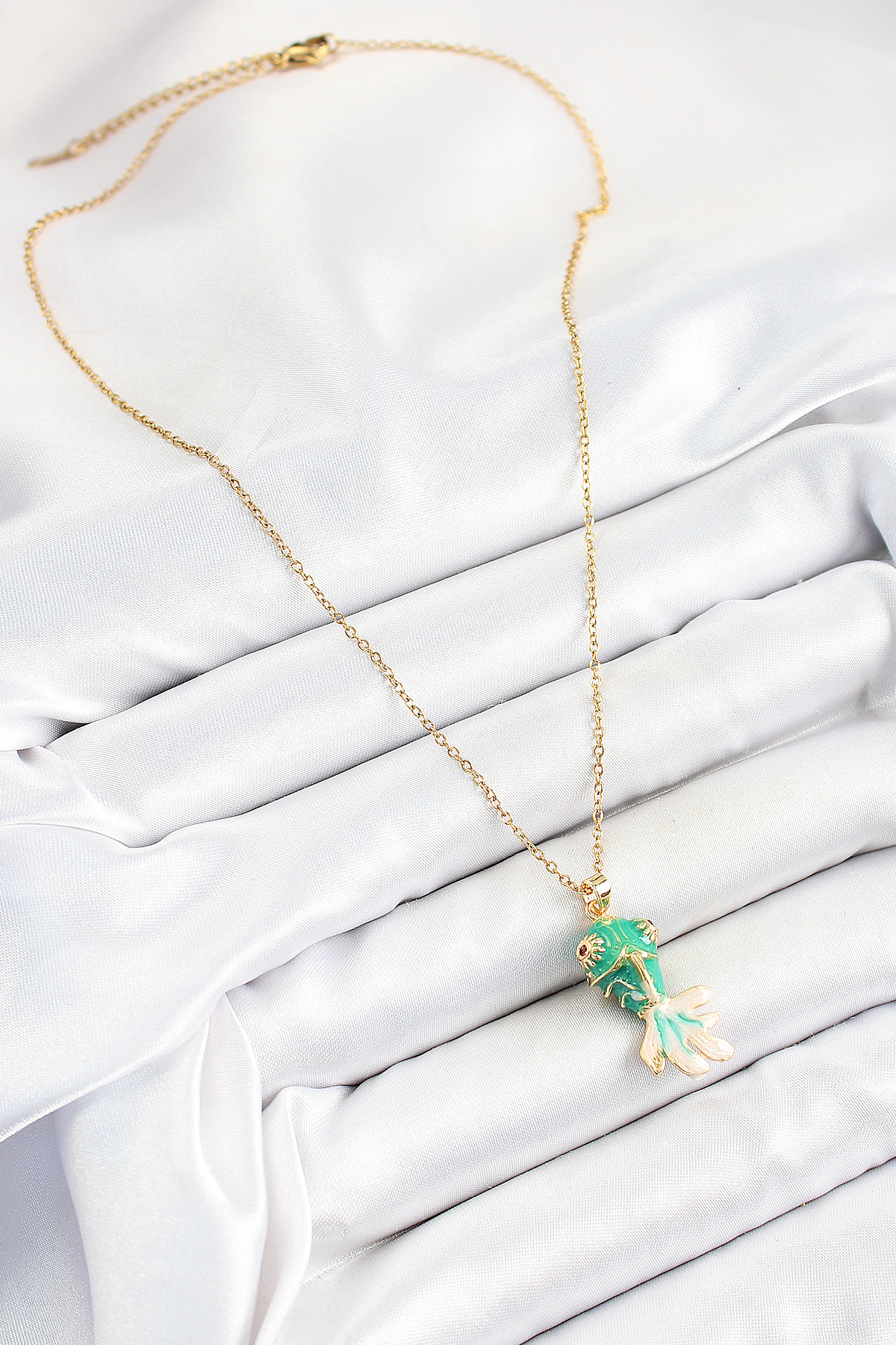 316L Çelik Zincir Yeşil Balık Model Gold Renk Kadın Kolye - TJ-BK