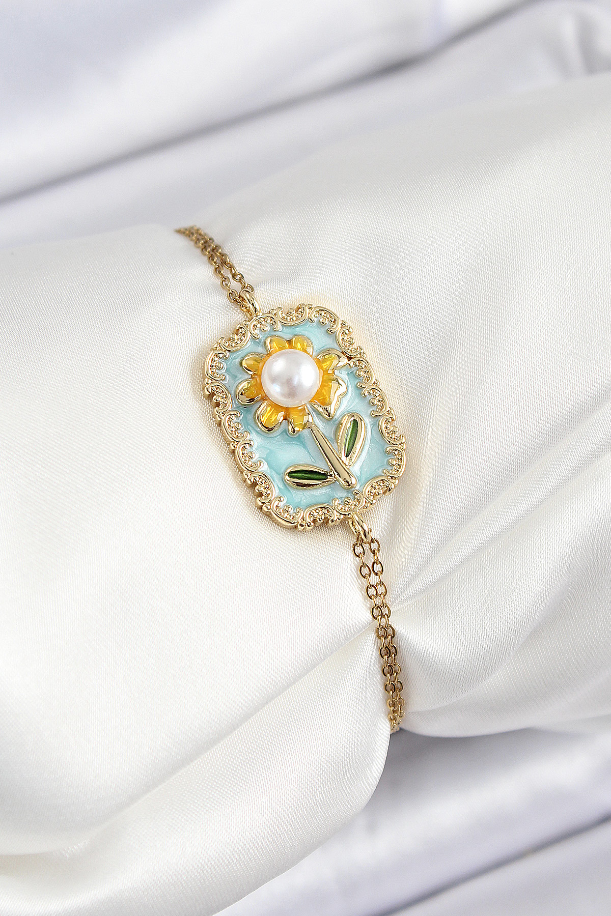 316L Çelik Zincir Turkuaz Mineli Sanatsal Portre İnci Detaylı Pap