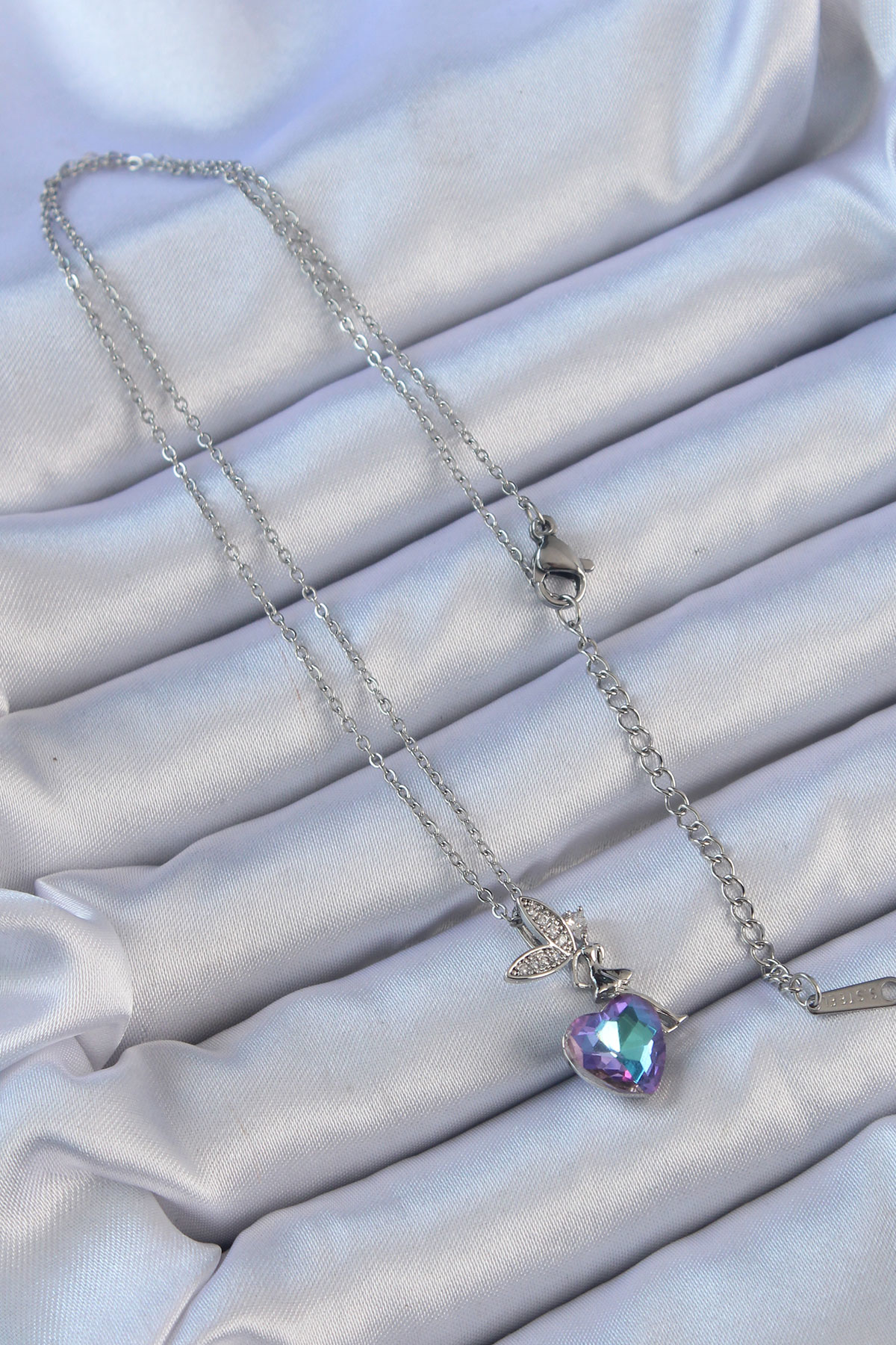 316L Çelik Zincir Gümüş Renk Mor Mavi Renk Zirkon Taşlı Kalp Deta