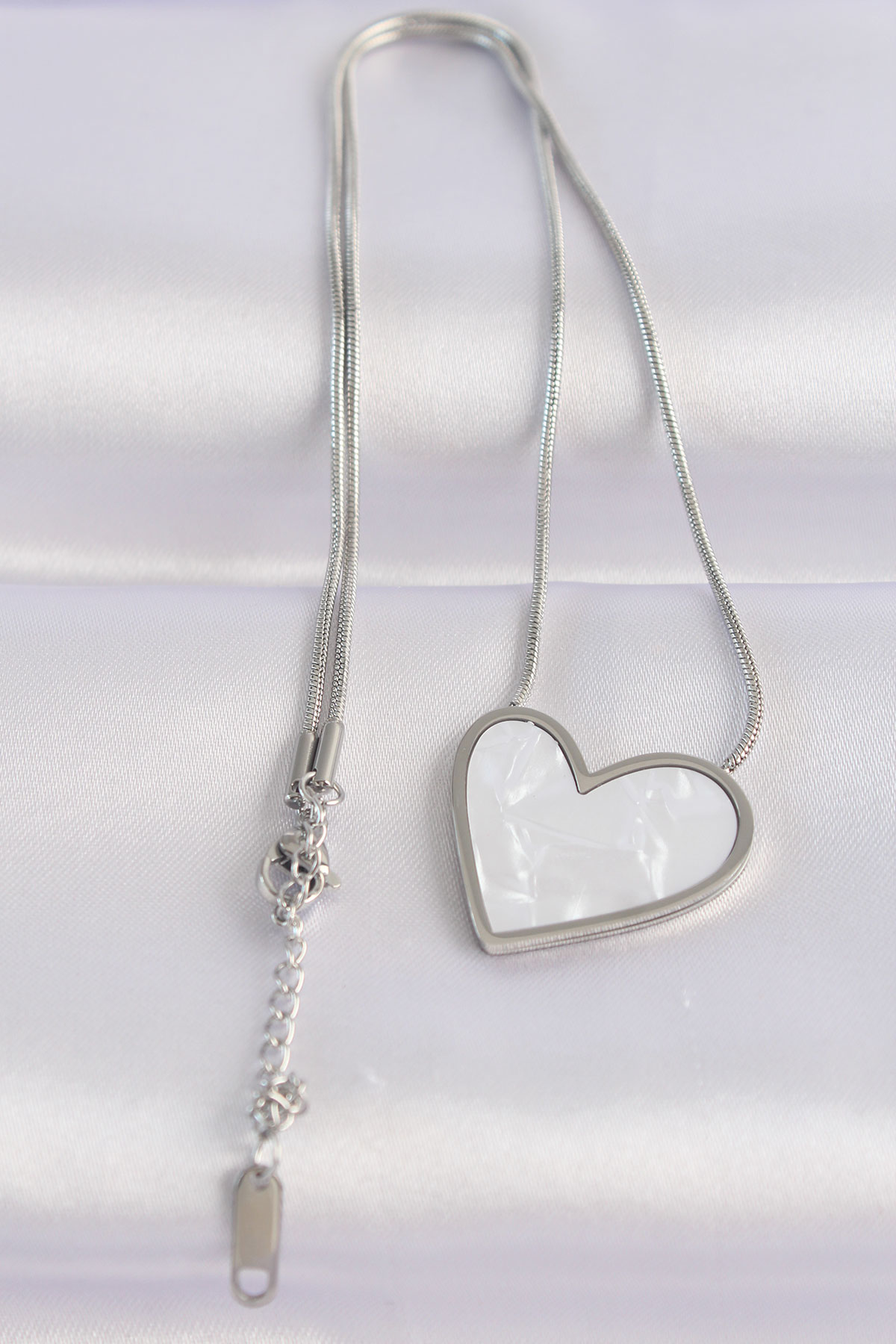 316L Çelik Zincir Gümüş Renk Mermer Desenli Kalp Kolye SL7745