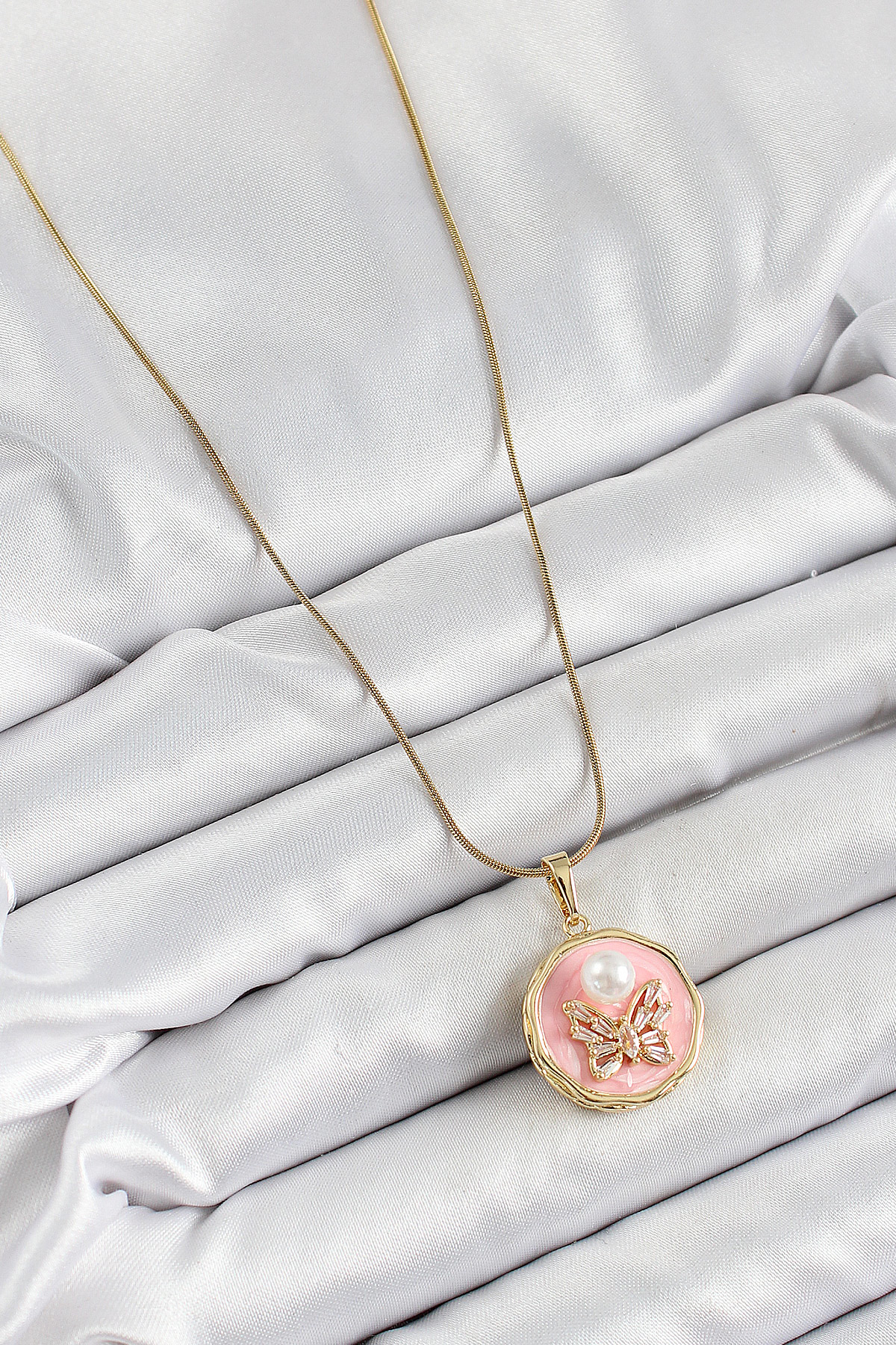 316L Çelik Zincir Zirkon Taşlı Pembe Sanatsal Portre İnci Detaylı