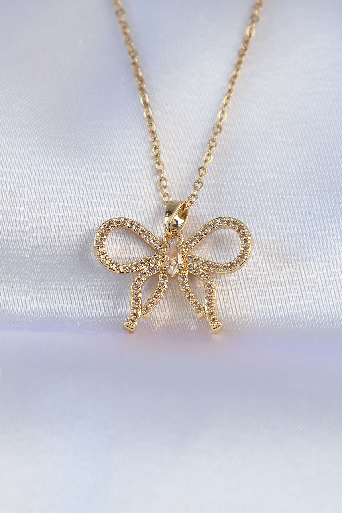 Stillove 316L Çelik Zincir Gold Renk Zirkon Taşlı Fiyonk Kolye Sl7884