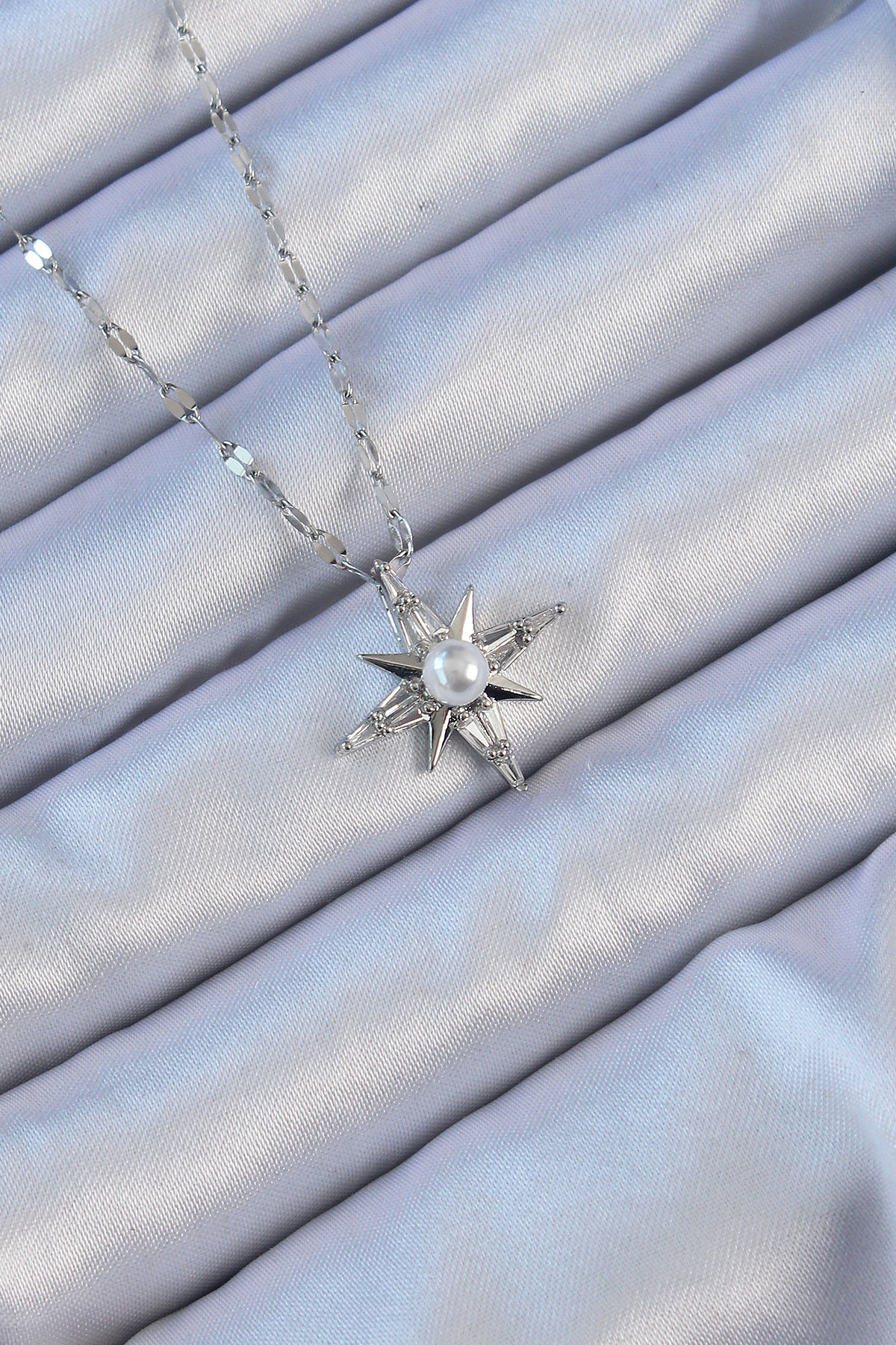 316L Çelik Zincir Gümüş Renk Baget Taşlı İnci Detay Kutup Yıldızı