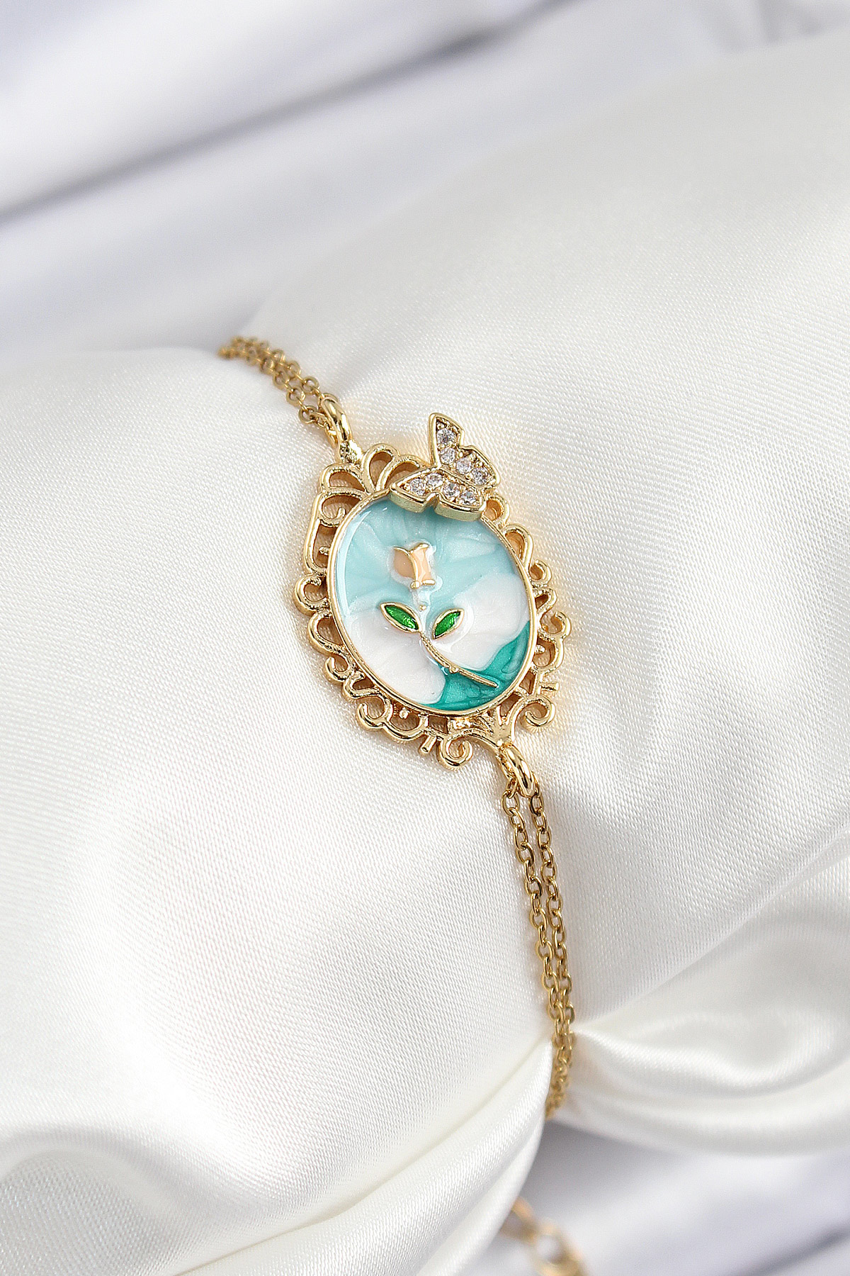 316L Çelik Zincir Mineli Sanatsal Portre Zirkon Taşlı Kelebek Det