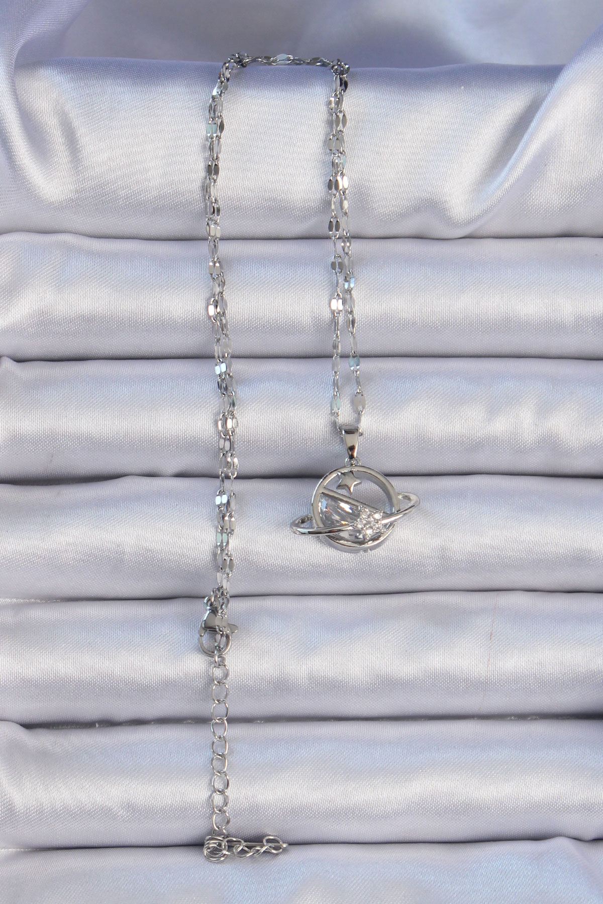 316L Çelik Zincir Gümüş Renk Zirkon Taşlı Yıldızlı Satürn Kolye S