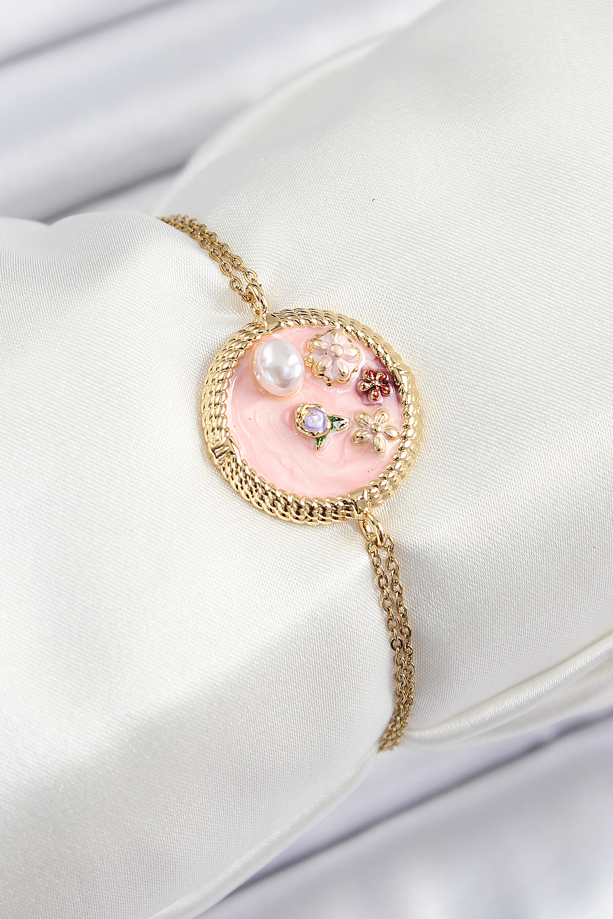 316L Çelik Zincir Pembe Mineli Sanatsal Portre İnci Detaylı Çiçek