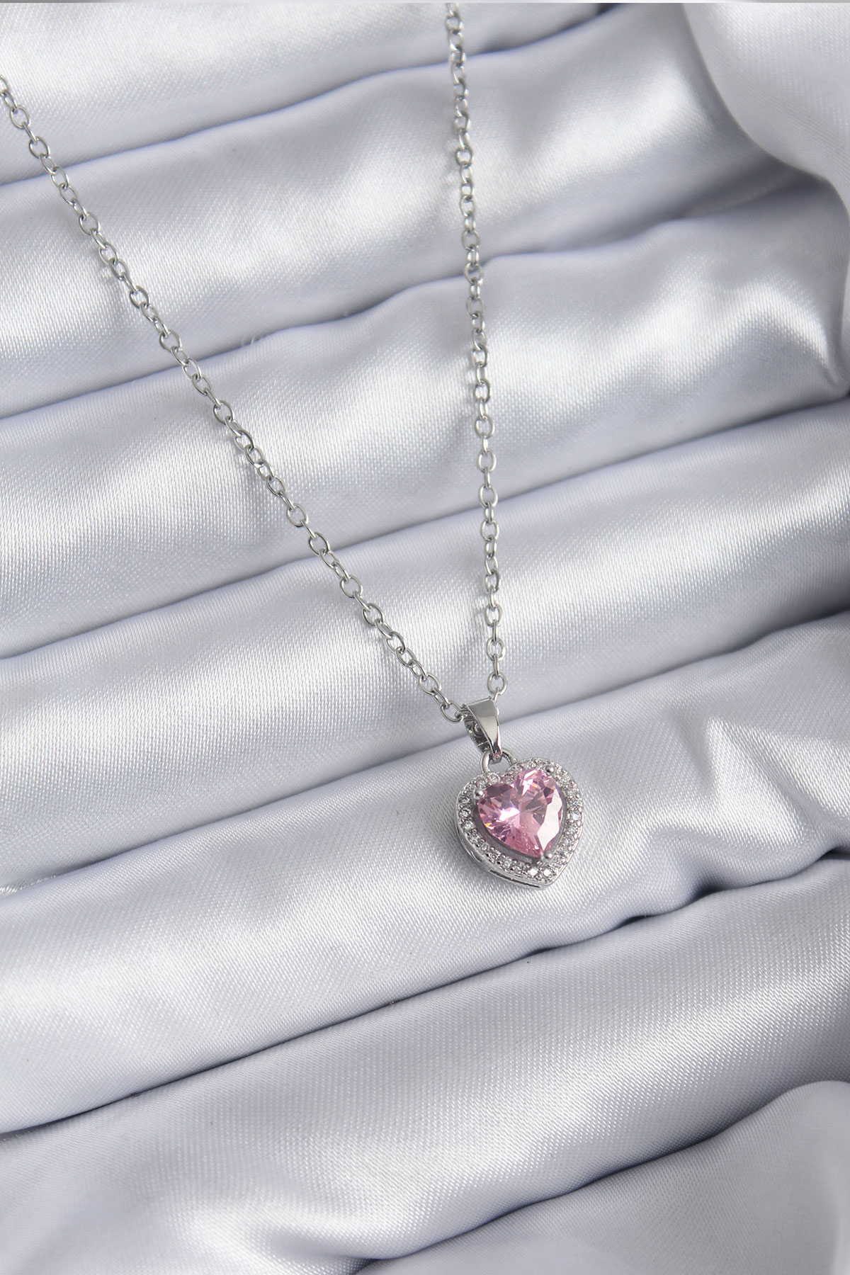 316L Çelik Zincir Gümüş Renk Pembe Zirkon Taş Charm Model Kadın K